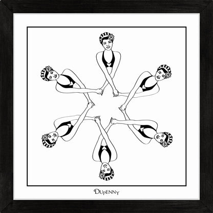 Monochrome art print featuring six synchronised swimmers.