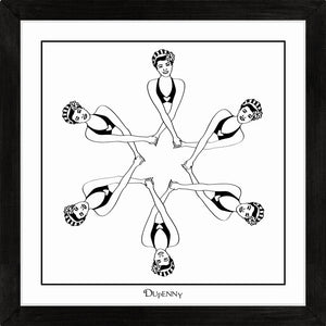 Monochrome art print featuring six synchronised swimmers.