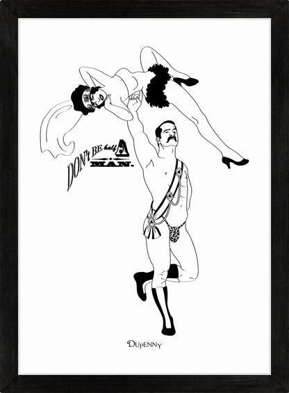 Monochrome art print of comical retro strongman lifting lady.