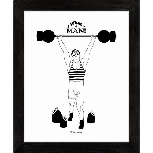 Monochrome art print of comical retro strongman lifting weights.