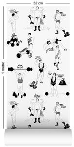 1m wallpaper swatch with comical strongman design in black and white