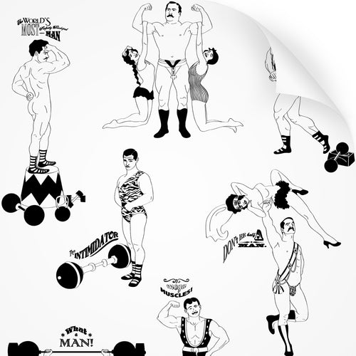 wallpaper swatch with comical strongman design in black and white