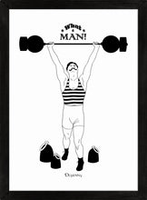 Load image into Gallery viewer, Monochrome art print of comical retro strongman lifting weights.