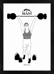 Monochrome art print of comical retro strongman lifting weights.