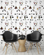 Load image into Gallery viewer, room shot with comical strongman wallpaper design in retro colours