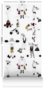 wallpaper roll with comical strongman design in retro colours