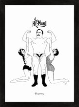 Load image into Gallery viewer, Monochrome art print of comical retro strongman lifting two ladies.