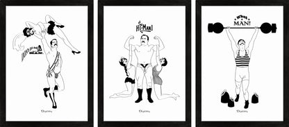 Set of three monochrome art prints of comical retro strongmen.