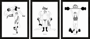 Set of three monochrome art prints of comical retro strongmen.