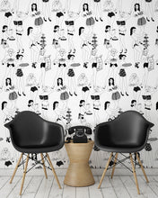 Load image into Gallery viewer, room shot with sexy retro ladies serving tea and cake wallpaper design