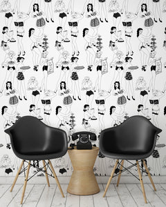 room shot with sexy retro ladies serving tea and cake wallpaper design