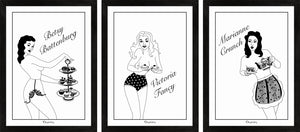 Set of three monochrome art prints of pinup girls serving high tea.