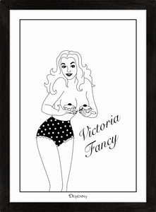 Monochrome art print of pinup girl holding a pair of cupcakes