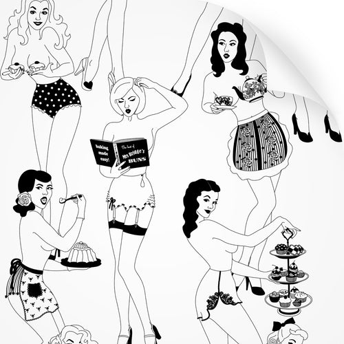 wallpaper swatch with sexy retro ladies serving tea and cake