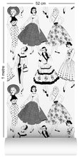 Load image into Gallery viewer, wallpaper roll with vintage dresses and ladies fashion in monochrome