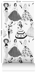 1m wallpaper swatch with vintage dresses and ladies fashion in monochrome