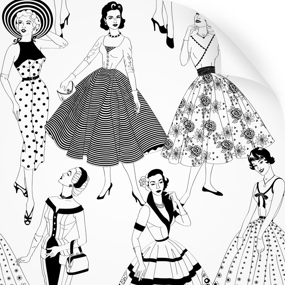 wallpaper swatch with vintage dresses and ladies fashion in monochrome