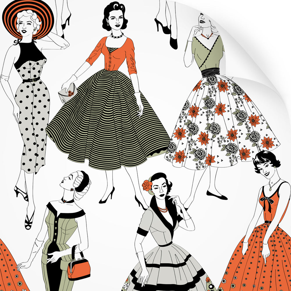 wallpaper swatch with vintage dresses and ladies fashion in retro colours