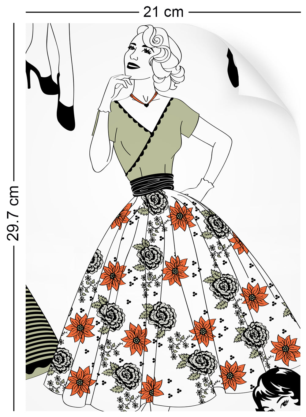 a4 wallpaper swatch with vintage dresses and ladies fashion in retro colours