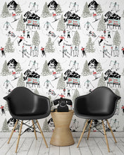 Load image into Gallery viewer, room shot with winter skiing and sledding wallpaper design in retro colours