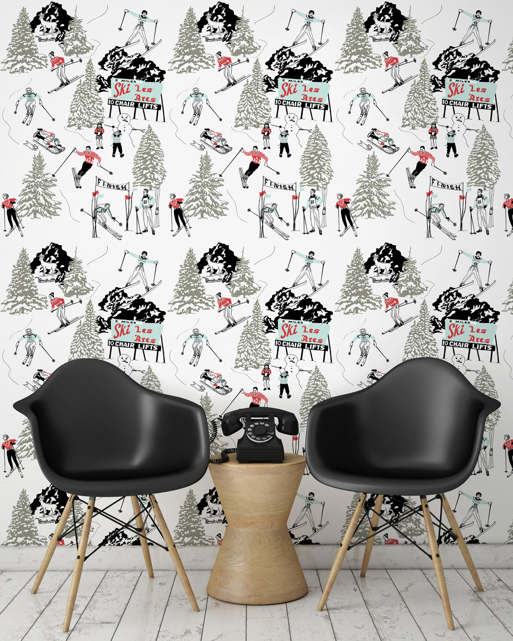 room shot with winter skiing and sledding wallpaper design in retro colours