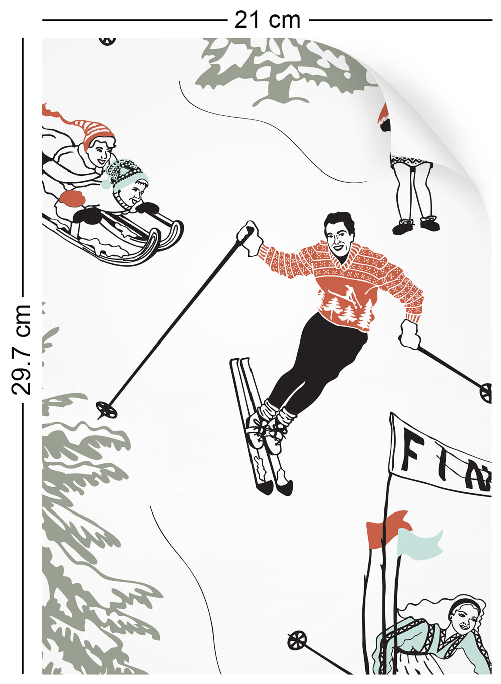 a4 wallpaper swatch with winter skiing and sledding in retro colours