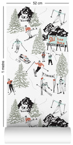 wallpaper roll with winter skiing and sledding in retro colours