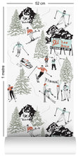 Load image into Gallery viewer, 1m wallpaper swatch with winter skiing and sledding in retro colours