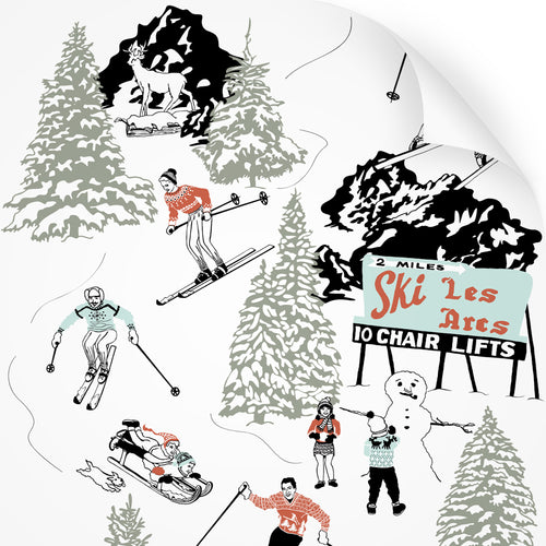 wallpaper swatch with winter skiing and sledding in retro colours