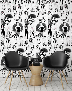 room shot with burlesque dancer design in monochrome with red lips