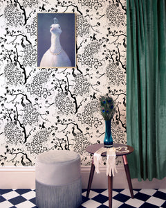 Peacock Wallpaper in Monochrome black and white palette